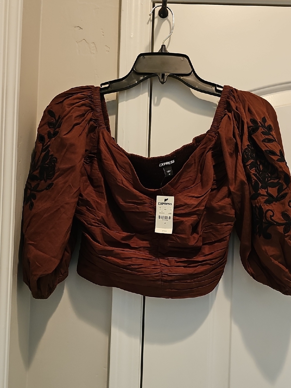 Express Brown Cropped Puff-Sleeve Top with Black Embroidery